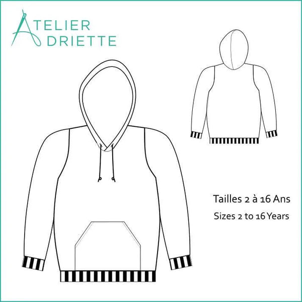 Patron de couture PDF Sweat TITUS du 2 au 16 Ans avec capuche et poche kangourou, tailles disponibles, dessin du modèle.