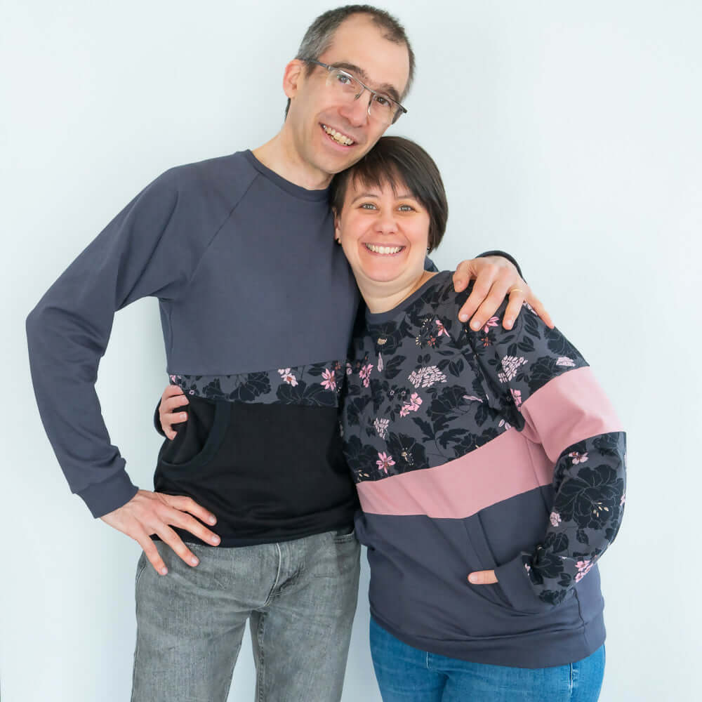Couple portant le sweat mixte 'Kiwi', XS au 3XL, 2 statures avec bande transversale, patron de couture pdf à télécharger.