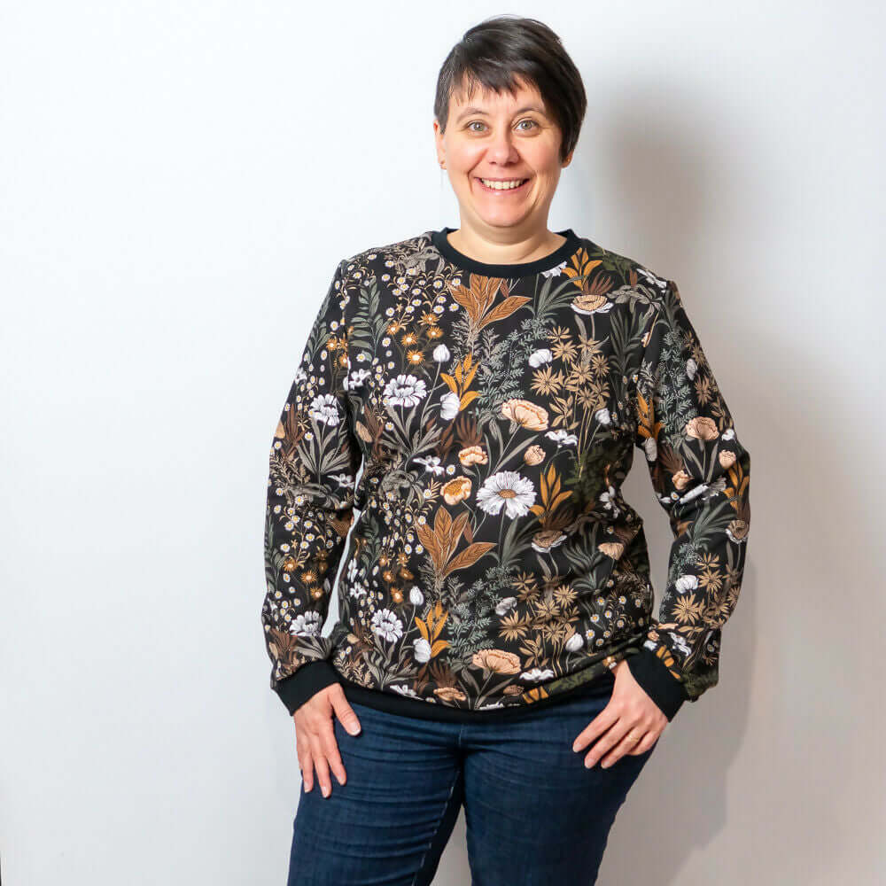 Sweat mixte basique, XS au 3XL, 2 statures - Grenade en tissu floral, patron de couture pdf à télécharger.