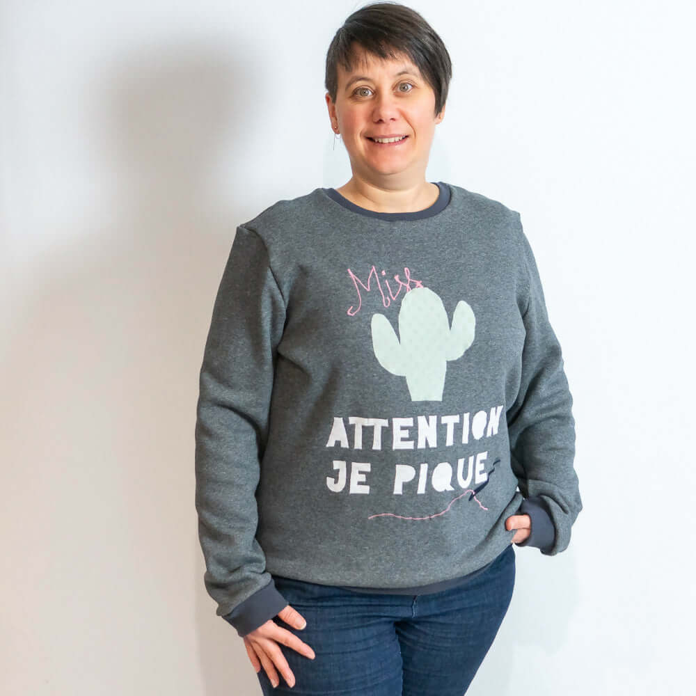 Sweat mixte basique, XS au 3XL, 2 statures - Grenade, patron de couture pdf à télécharger, modèle moderne avec motif cactus drôle.