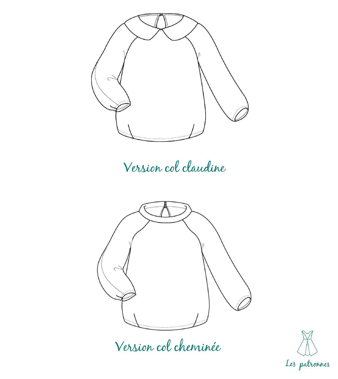 Illustration des variations col Claudine et col Cheminée du Sweat niki - Femme, patron de couture pdf à télécharger.