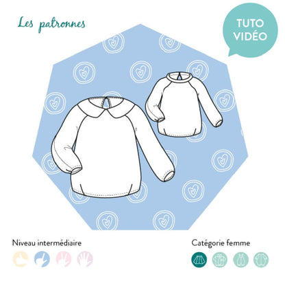 Patron de couture pdf à télécharger du Sweat niki - Femme avec col Claudine et tutoriel vidéo inclus, catégorie femme, niveau intermédiaire.