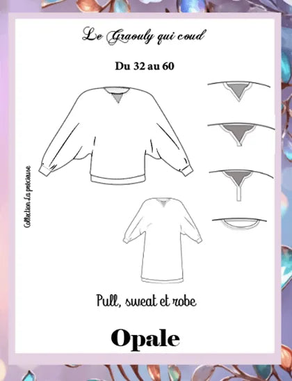 Illustration du patron de couture PDF à télécharger pour Sweat ou Robe Opale avec options de longueur pull et robe, style kimono.