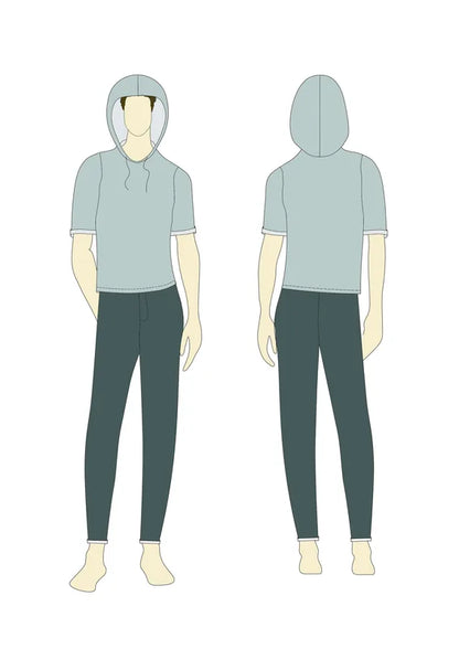 Illustration du T-shirt - S/XXL - MISTERO, patron de couture PDF à télécharger, niveau intermédiaire, tailles S à XXL, homme et femme.