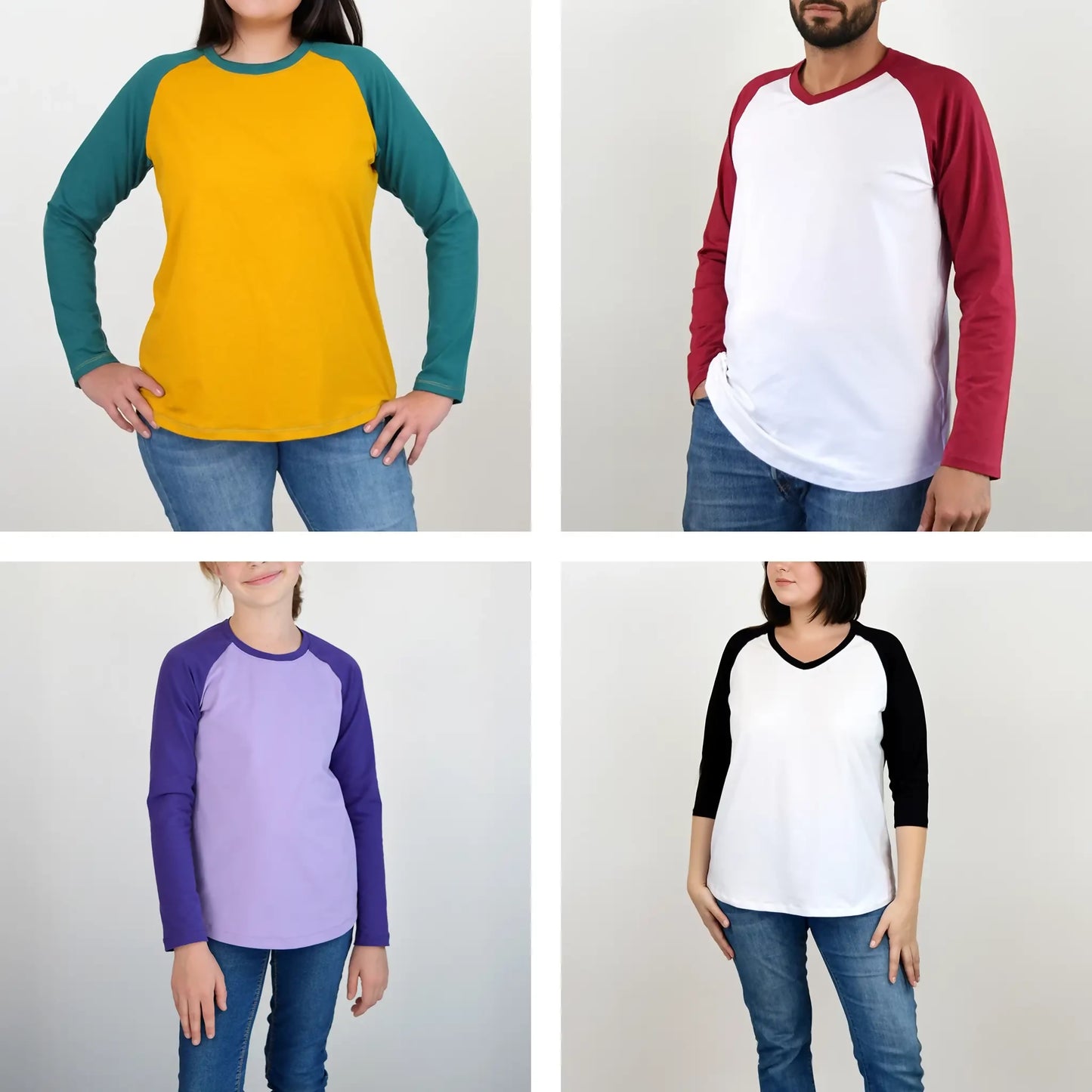 T-shirt Tao Pack Famille - patron de couture pdf à télécharger pour toute la famille, version raglan avec variantes de col et manches.