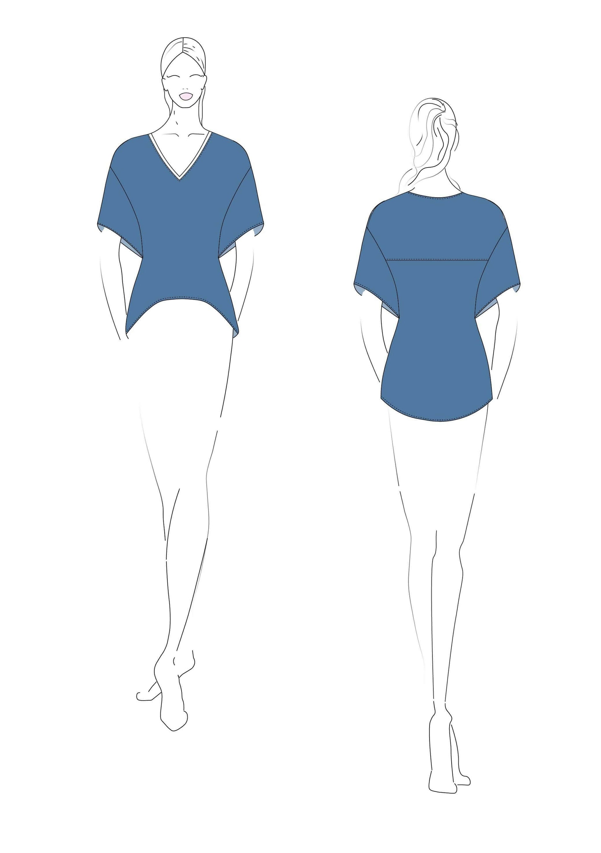 Illustration du patron de couture PDF T-shirt femme - XXS/L - LIBERTINA, vue de face et dos, à télécharger.