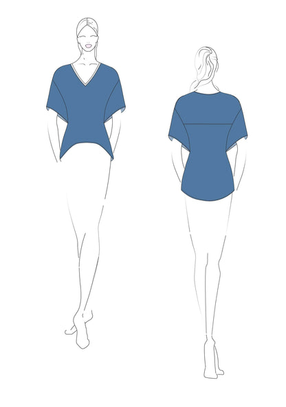 Illustration du patron de couture PDF T-shirt femme - XXS/L - LIBERTINA, vue de face et dos, à télécharger.