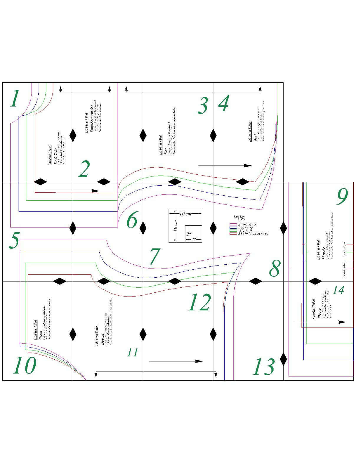 Patron de couture PDF à télécharger pour T-shirt femme - XXS/L - LIBERTINA, vue des pièces découpées et des instructions de couture.