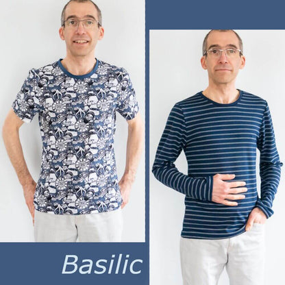 T-shirt homme, 42 au 62, 5 statures – Basilic en manches courtes et longues, patron de couture pdf à télécharger.