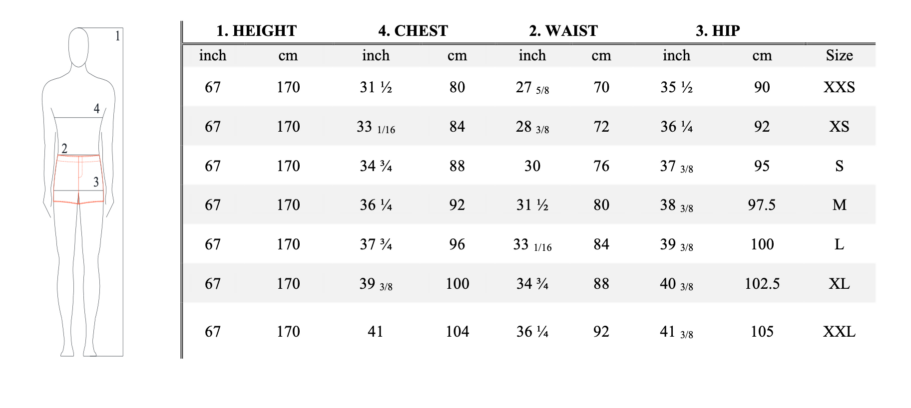 Tableau des tailles pour T-shirt homme - XS/M - BLACK SWAN, patron de couture PDF à télécharger, dimensions en pouces et centimètres.