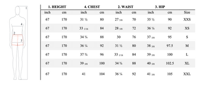 Tableau des tailles pour T-shirt homme - XS/M - BLACK SWAN, patron de couture PDF à télécharger, dimensions en pouces et centimètres.