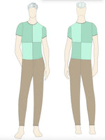 Illustration T-shirt homme du XXS au XXL - DOMINO, patron de couture pdf à télécharger, vue avant et arrière en couleurs pastel.