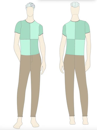 Illustration T-shirt homme du XXS au XXL - DOMINO, patron de couture pdf à télécharger, vue avant et arrière en couleurs pastel.