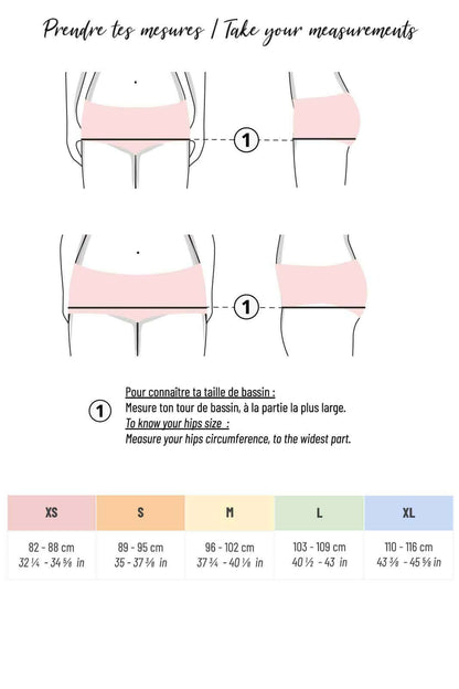 Guide des tailles pour le tanga et boxer Papaya, avec instructions pour prendre ses mesures en PDF.
