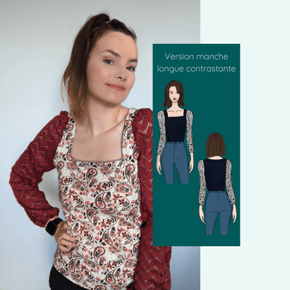 Top Akalat en maille avec manches contrastantes, modèle élégant pour couture PDF, taille 32 à 52.