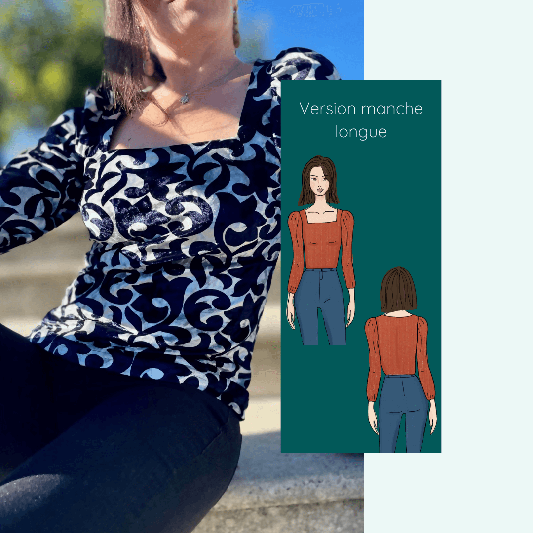 Haut Top Akalat en maille avec version à manches longues. Patron de couture PDF, taille 32 à 52.