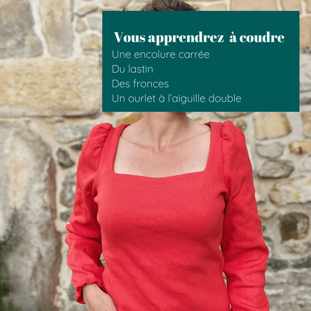 Top Akalat en rouge avec encolure carrée et manches bouffantes, parfait pour apprendre à coudre des techniques variées.