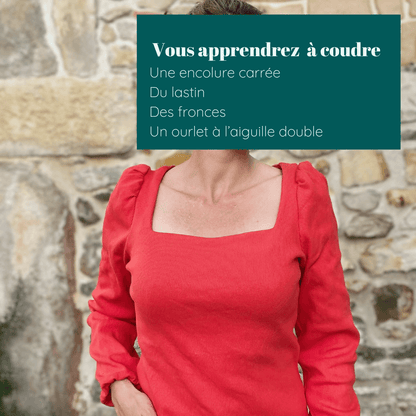 Top Akalat en rouge avec encolure carrée et manches bouffantes, parfait pour apprendre à coudre des techniques variées.