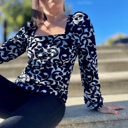 Top Akalat en maille avec encolure carrée et manches bouffantes, taille 32 à 52, idéal pour couture PDF.