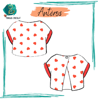 Top Antéros - T36 à 50 avec motif cœur rouge, patron de couture pdf à télécharger pour débutant, manches à revers et dos nu.