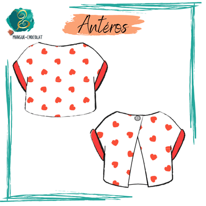 Top Antéros - T36 à 50 avec motif cœur rouge, patron de couture pdf à télécharger pour débutant, manches à revers et dos nu.