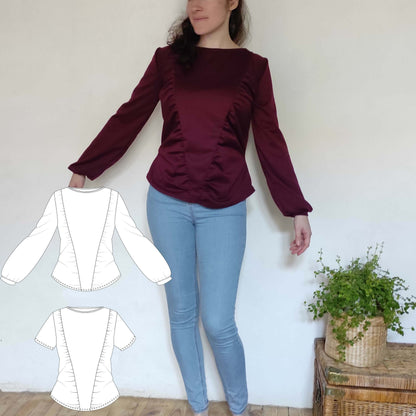 Top "Barnabé" du 32 au 56 en maille bordeaux, patron de couture pdf à télécharger, femme portant le modèle avec manches longues bouffantes