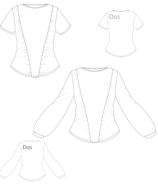 Croquis du Top "Barnabé" du 32 au 56, patron de couture pdf à télécharger, avec manches bouffantes et courtes.
