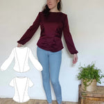 Top "Barnabé" du 32 au 56 en maille bordeaux, patron de couture pdf à télécharger, femme portant le modèle avec manches longues bouffantes