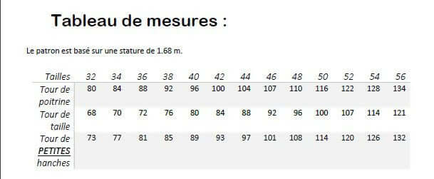 Tableau de mesures pour le Top "Barnabé" du 32 au 56, patron de couture pdf à télécharger.