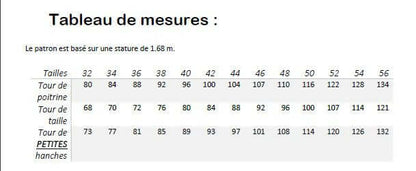 Tableau de mesures pour le Top "Barnabé" du 32 au 56, patron de couture pdf à télécharger.