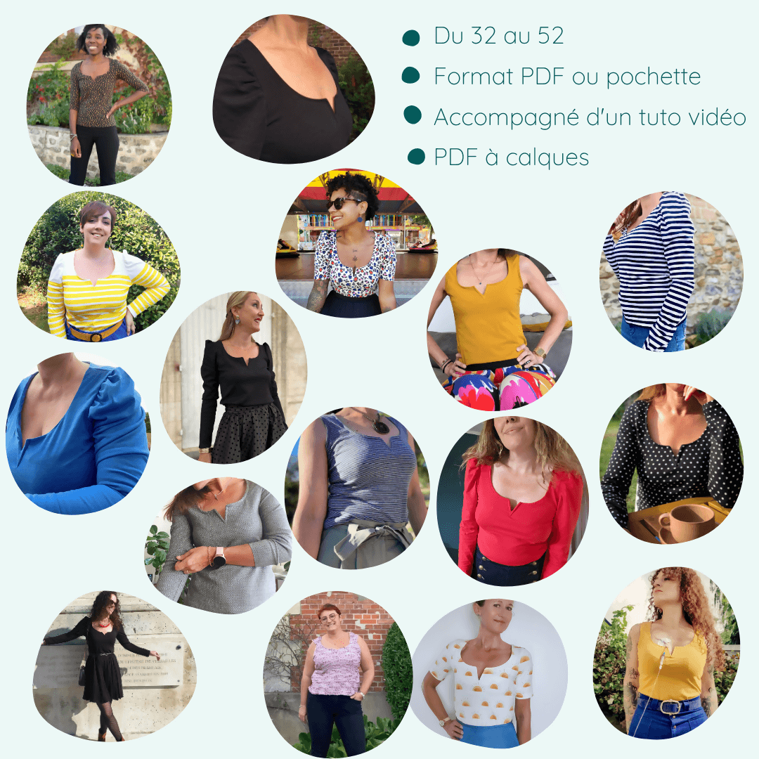 Collage de tops en maille, tailles 32 à 52, PDF ou pochette avec tuto vidéo, décolletés variés et styles.