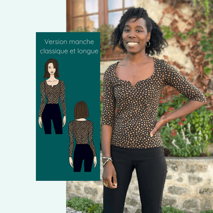 Top Impala avec décolleté arrondi et version manches longues, modèle féminin en maille, couture de 32 à 52.