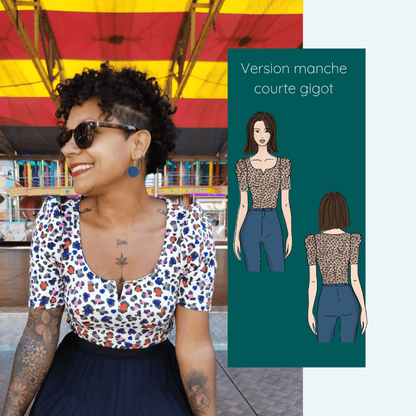Top Impala en version manche courte gigot, femme souriante portant un haut en maille coloré.