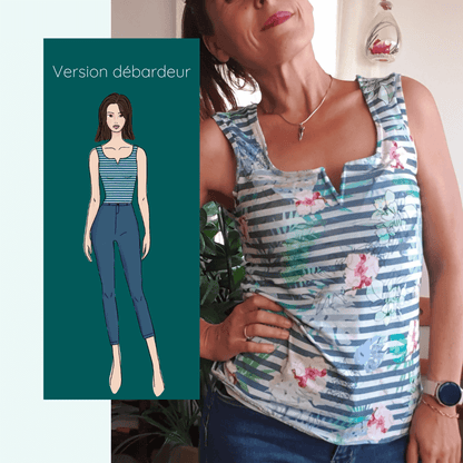 Top Impala débardeur femme en maille avec décolleté arrondi et motifs floraux, patron de couture PDF.