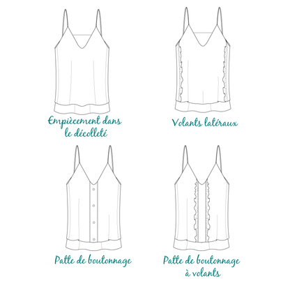 Variétés de débardeurs du Top Klimt (facile) - Femme, patron de couture pdf à télécharger avec différents styles de volants et boutons.