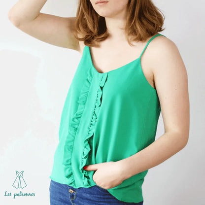 Top Klimt (facile) - Femme, débardeur vert avec volants, patron de couture pdf à télécharger pour une création rapide et féminine.