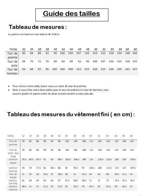 Tableau des tailles et mesures pour le top "Nouipa" du 32 au 60, adapté à la couture de vêtements.