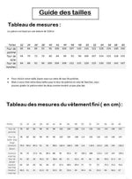 Tableau des tailles et mesures pour le top "Nouipa" du 32 au 60, adapté à la couture de vêtements.