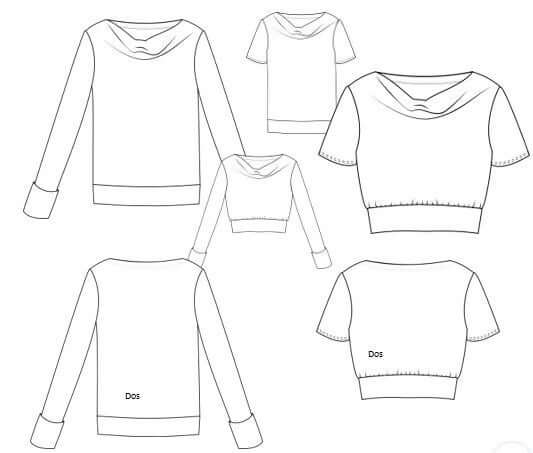 Schéma du top "Nouipa" avec options de manches longues et courtes et col bénitier. Taille 32 à 60.