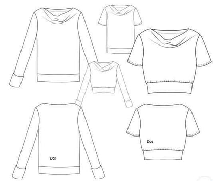 Schéma du top "Nouipa" avec options de manches longues et courtes et col bénitier. Taille 32 à 60.