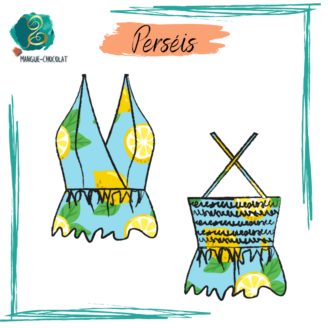 Top Perséis - T36 à 50, patron de couture pdf à télécharger, cache-cœur croisé, originalité avec volant froncé, adaptable à toutes morphologies.