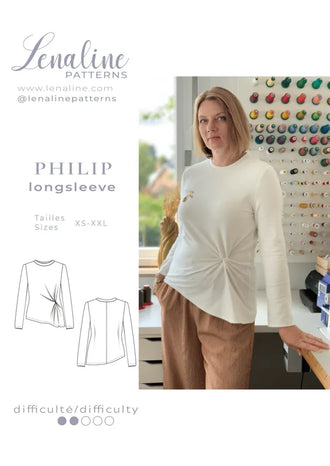 Femme portant un Top Phillip, patron de couture pdf à télécharger, élégant haut à manches longues avec noeud décoratif.