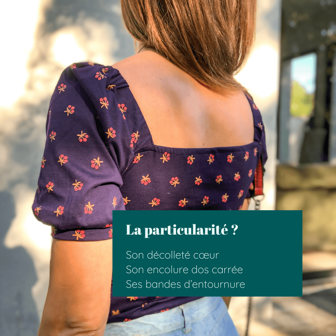 Top Touraco taille 32 à 52, mettant en valeur un décolleté cœur et une encolure carrée originale.