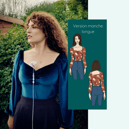 Top Touraco en velours bleu avec décolleté carré et version manche longue en planta, couture PDF taille 32 à 52.
