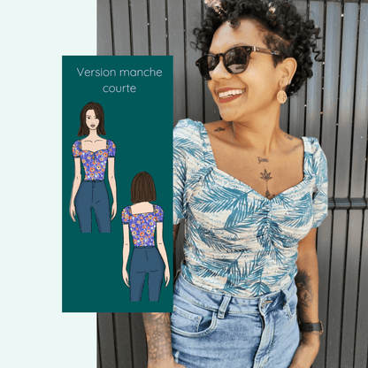 Top Touraco en maille femme avec décolleté cœur et carré, style moderne et chic, version manche courte.