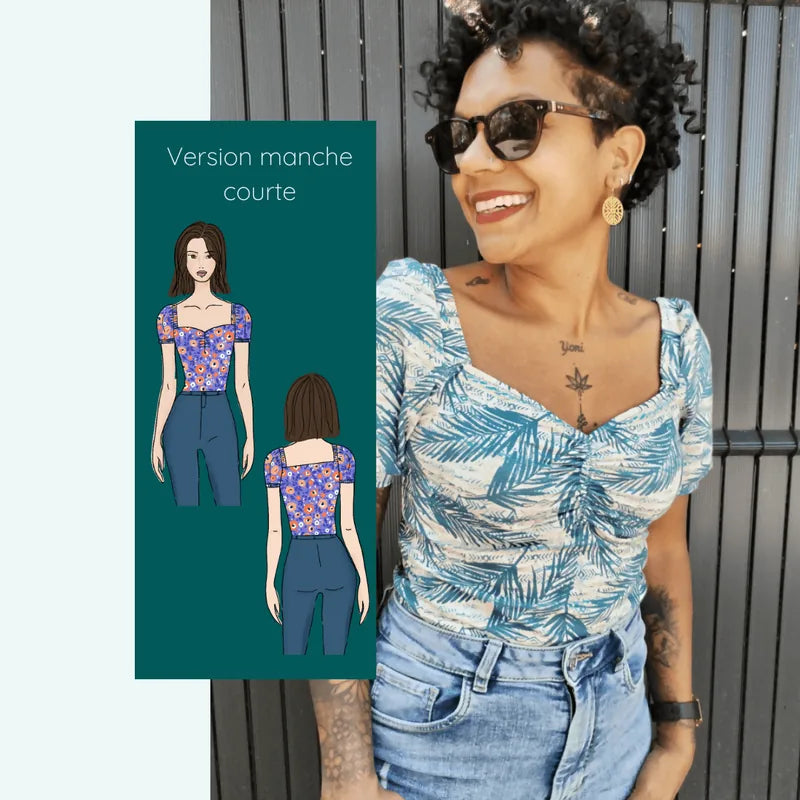Top Touraco en maille femme avec décolleté cœur et carré, style moderne et chic, version manche courte.