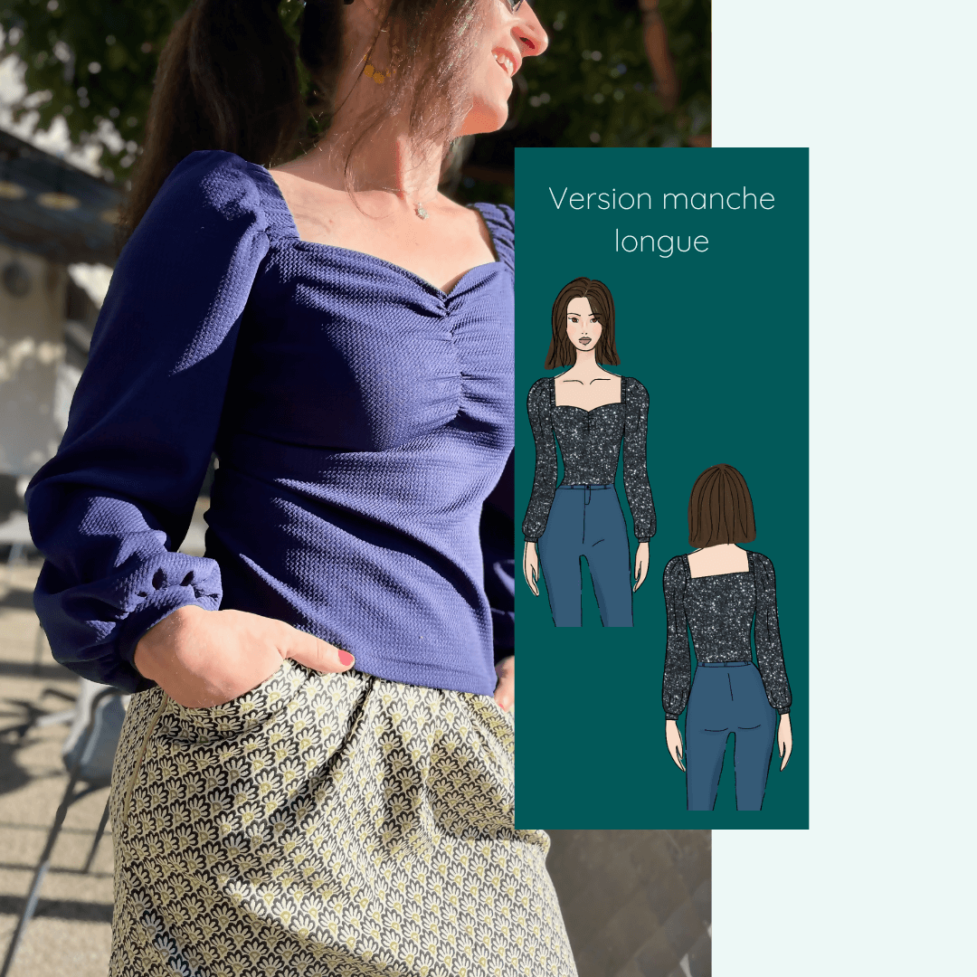 Top Touraco à manches longues, couture PDF, décolleté cœur et carré, taille 32 à 52, style féminin et élégant.