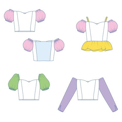 Illustration du Top Yasmine Enfants avec trois styles de manches pour patron de couture PDF à télécharger.