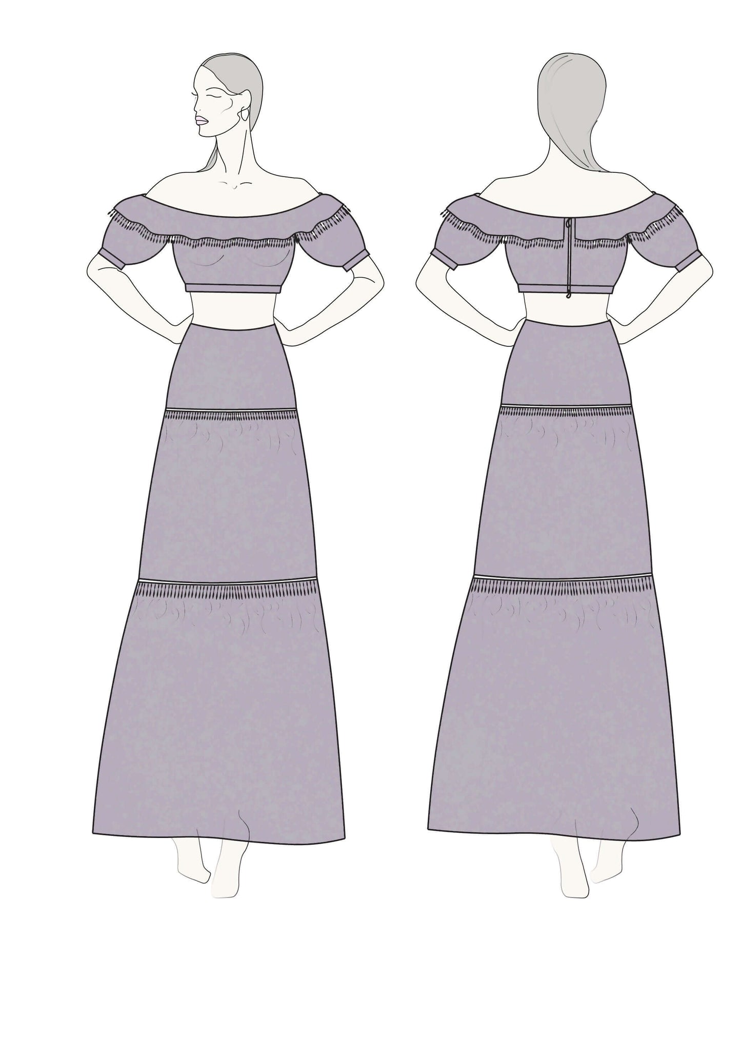 Illustration du "Top et jupe longue style bohème - XS/XL - EL PASION", patron de couture pdf à télécharger