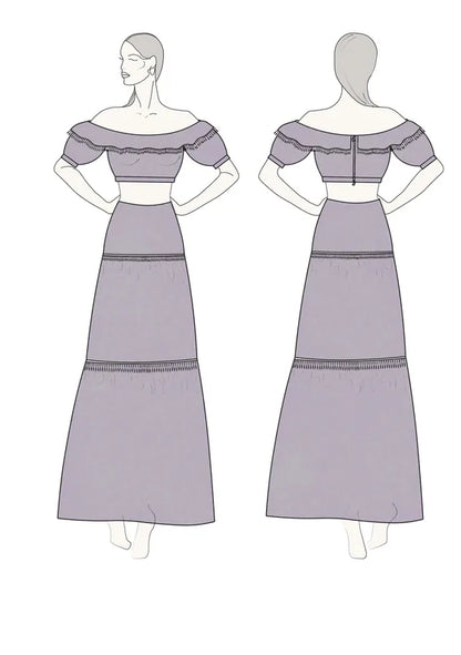 Illustration du "Top et jupe longue style bohème - XS/XL - EL PASION", patron de couture pdf à télécharger